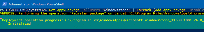 reinstall windows store using powershell