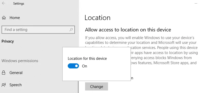 включить доступ к местоположению для вашего устройства с Windows 10