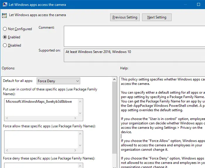 camera group policy settings