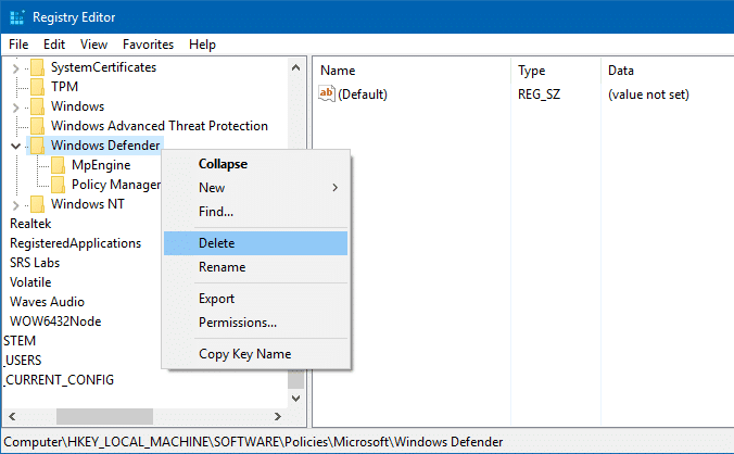 windows defender registry / policy settings