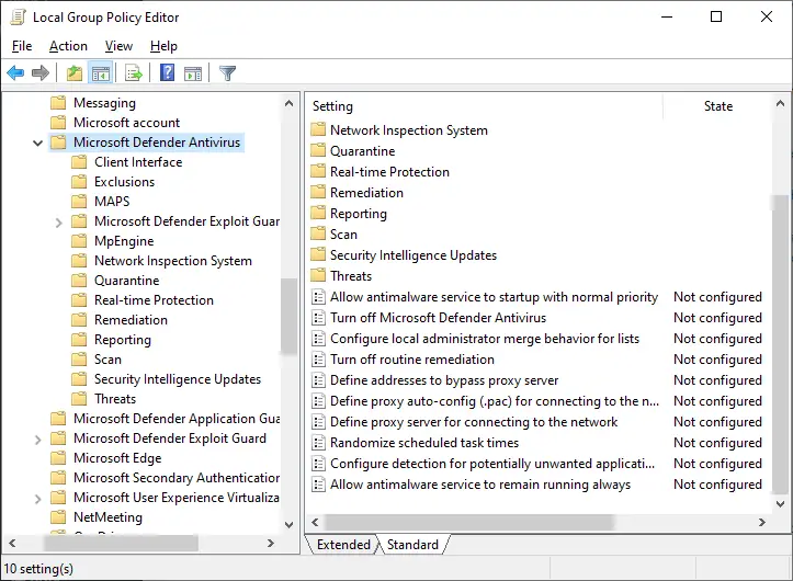 Microsoft Defender Antivirus group policy settings