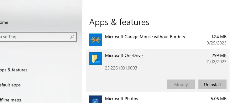 OneDrive uninstall apps and features