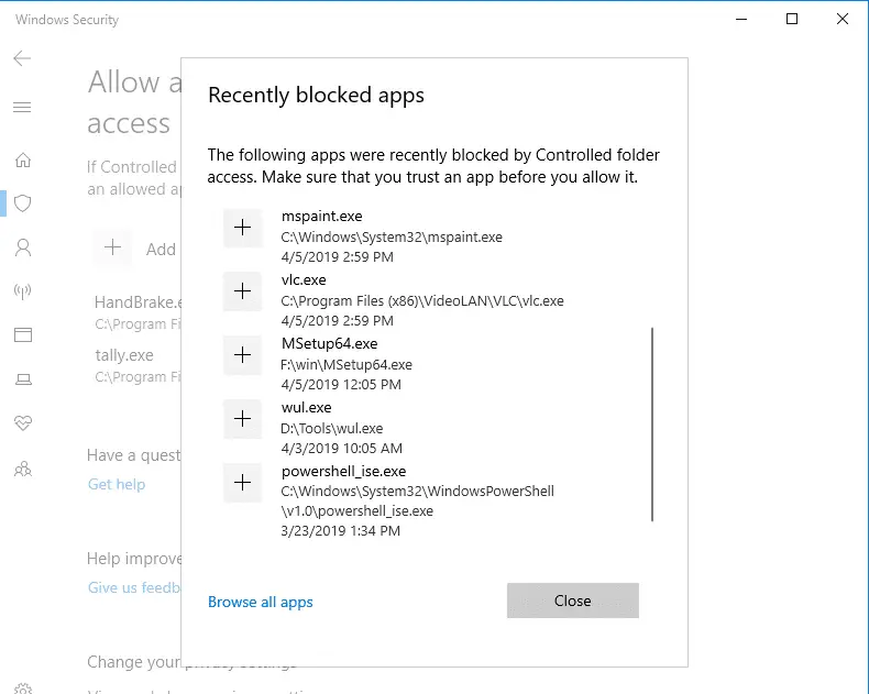 Configure Controlled Folder Access to Stop Unauthorized changes blocked Notifications - recently blocked apps list - controlled folder access