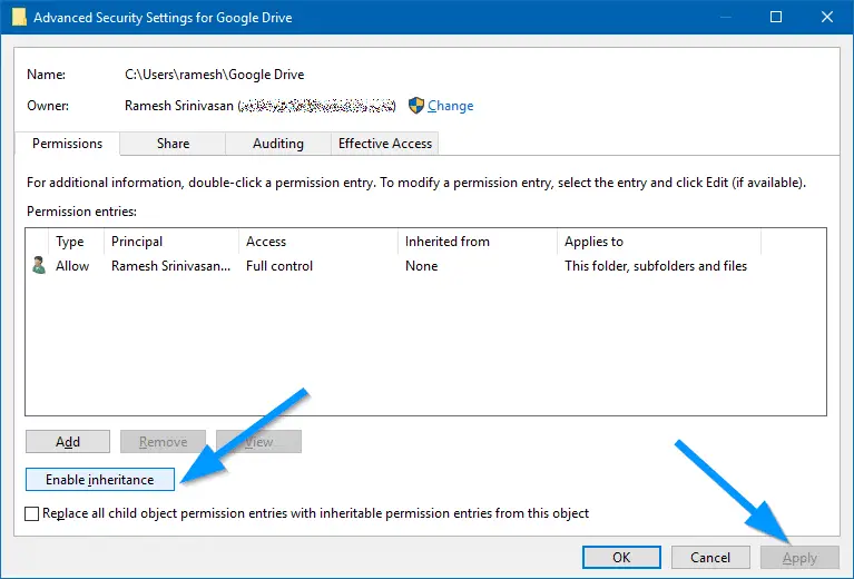 google drive folder enable inheritance