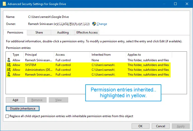google drive folder inherited permissions