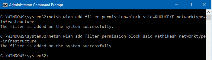 netsh add filter permission block ssid
