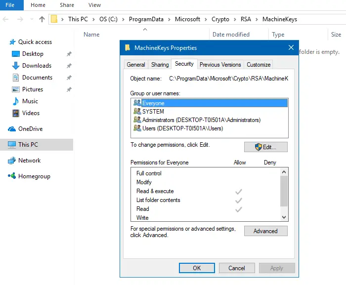 machinekeys folder permissions security tab
