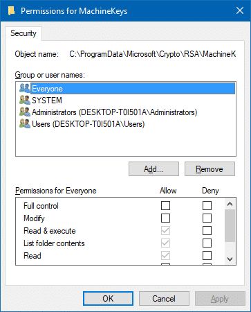 machinekeys folder permissions security tab 2