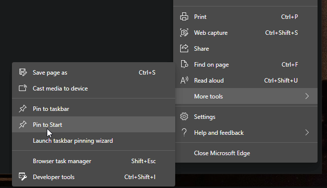 edge chromium pin to start or pin to taskbar