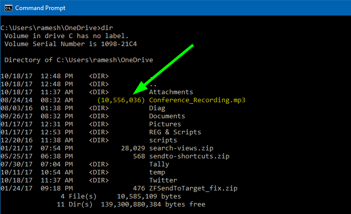 onedrive online file - dir command file size brackets