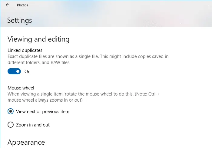Photos app settings - mouse wheel function windows 10