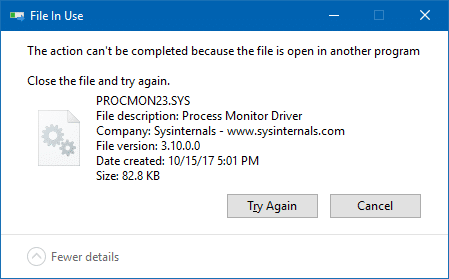 Unable to write PROCMON23.SYS