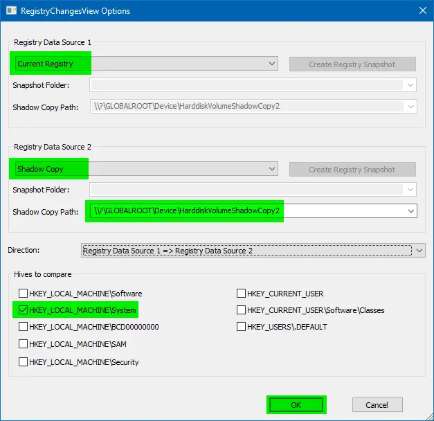 registrychangesview options