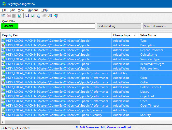 registrychangesview results window