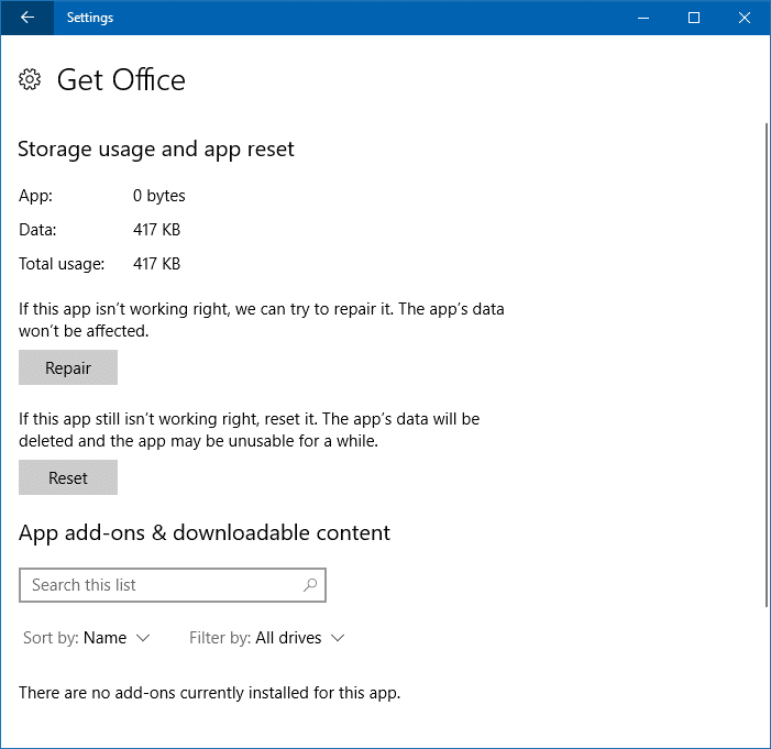 repair or reset app windows 10