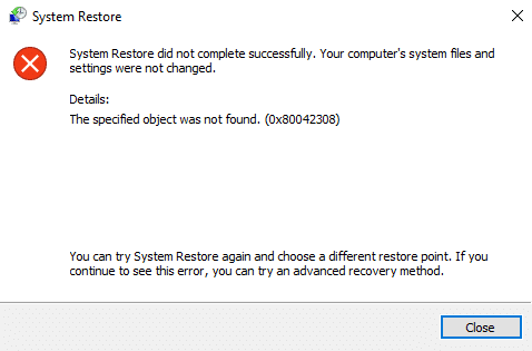 System Restore Error 0x80042308 “Object could not be found”