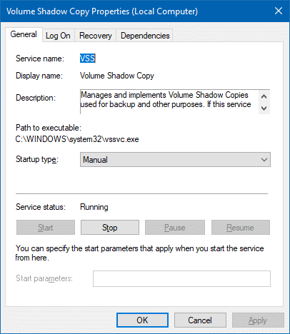 volume shadow copy service stop and restart