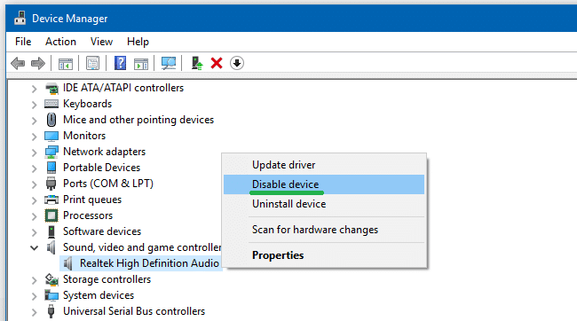 disable and enable audio hardware device manager