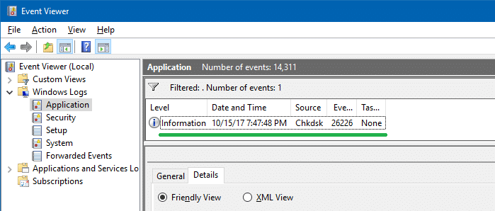 disk error check - scan results - event log