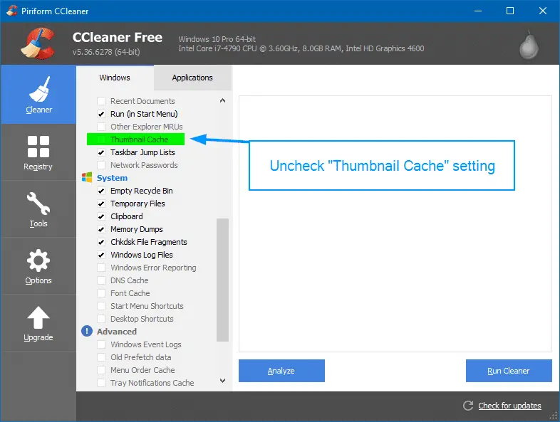 ccleaner thumbnail cache option