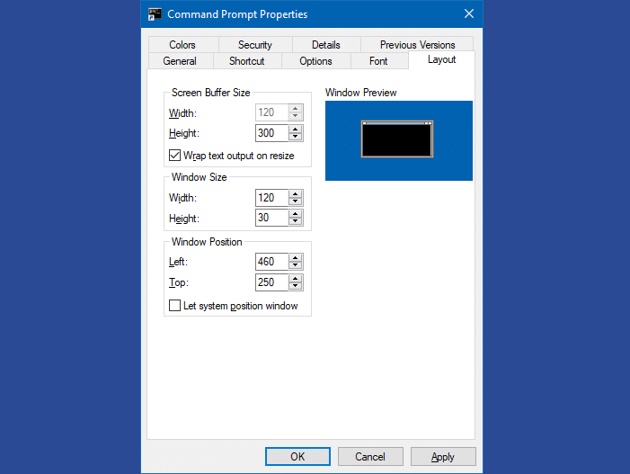 command prompt layout and size defaults