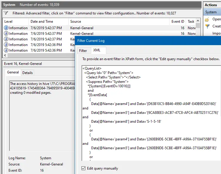 dcom error filter event log xml