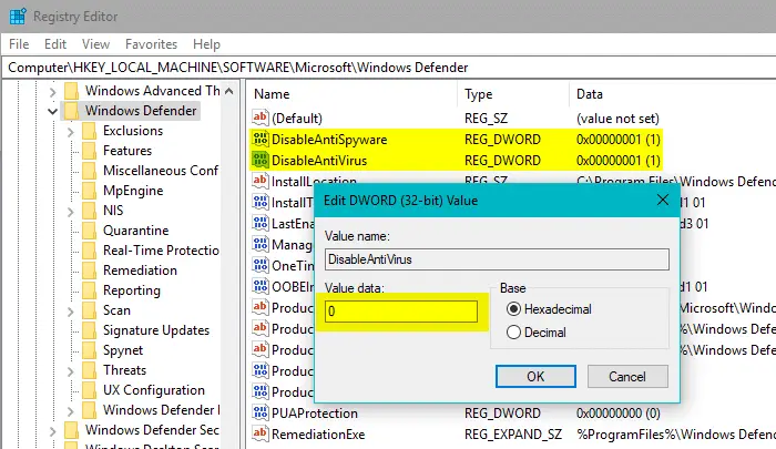 disableantivirus and disableantispyware values set to 0