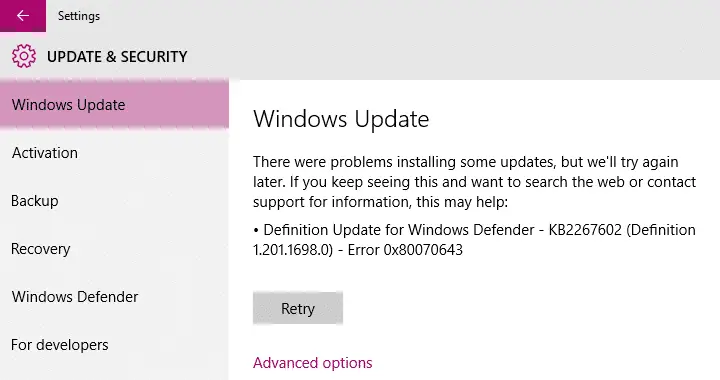 windows defender error 0x80070643