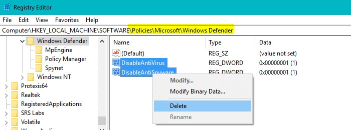 delete disableantivirus and disableantispyware values