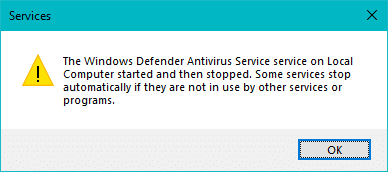 windows defender service started and then stopped