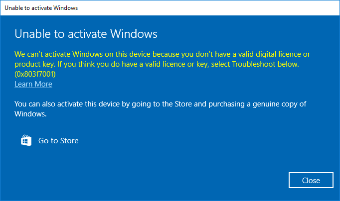 windows 10 activation error 0x803f7001