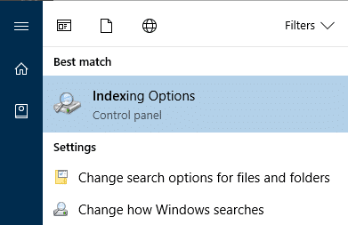 indexing options start menu search