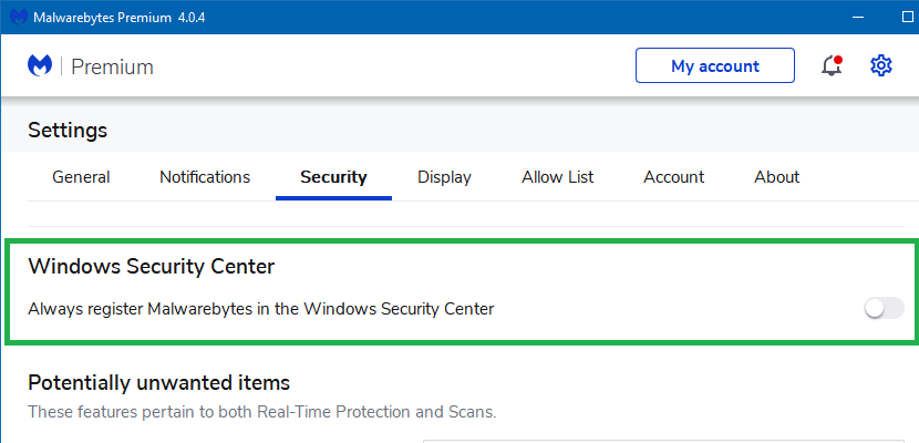 malwarebytes register windows security center