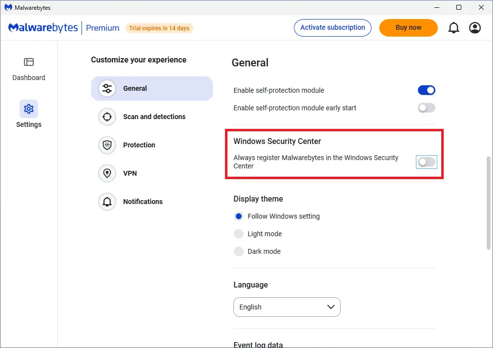malwarebytes security center register