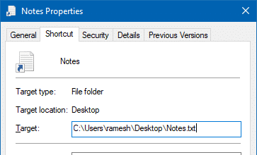 shortcut properties change target