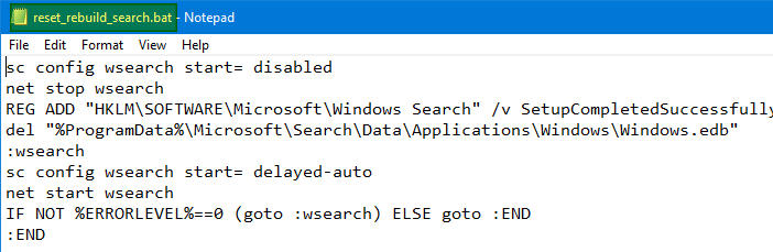 reset rebuild search using batch file