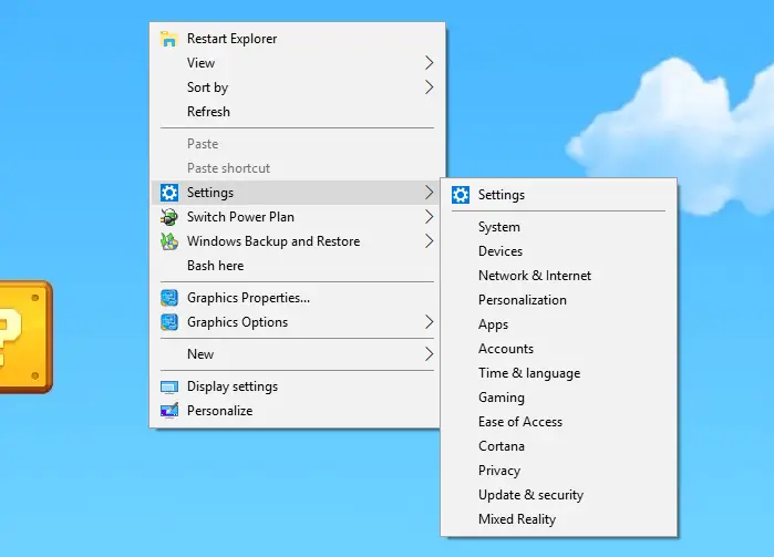 ms-settings URI Settings context menu on desktop