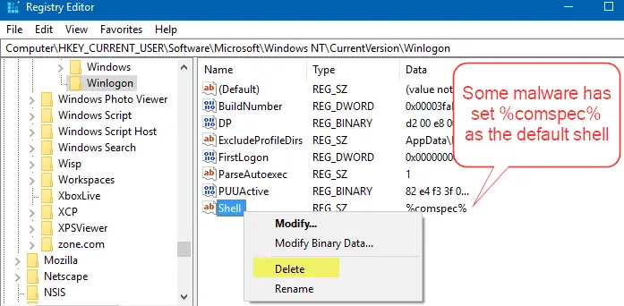 shell explorer.exe winlogon hkcu comspec