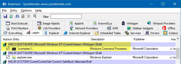 shell explorer.exe comspec malware autoruns
