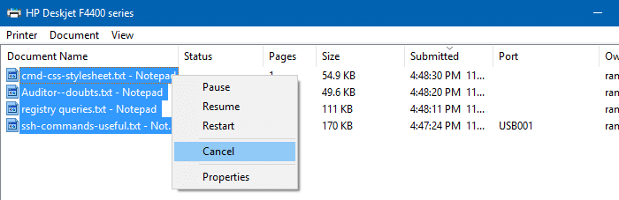 cancel all print job documents