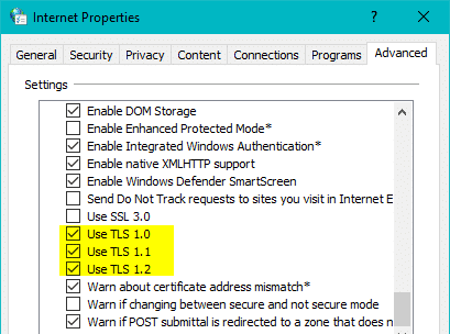 enable tls internet options windows store