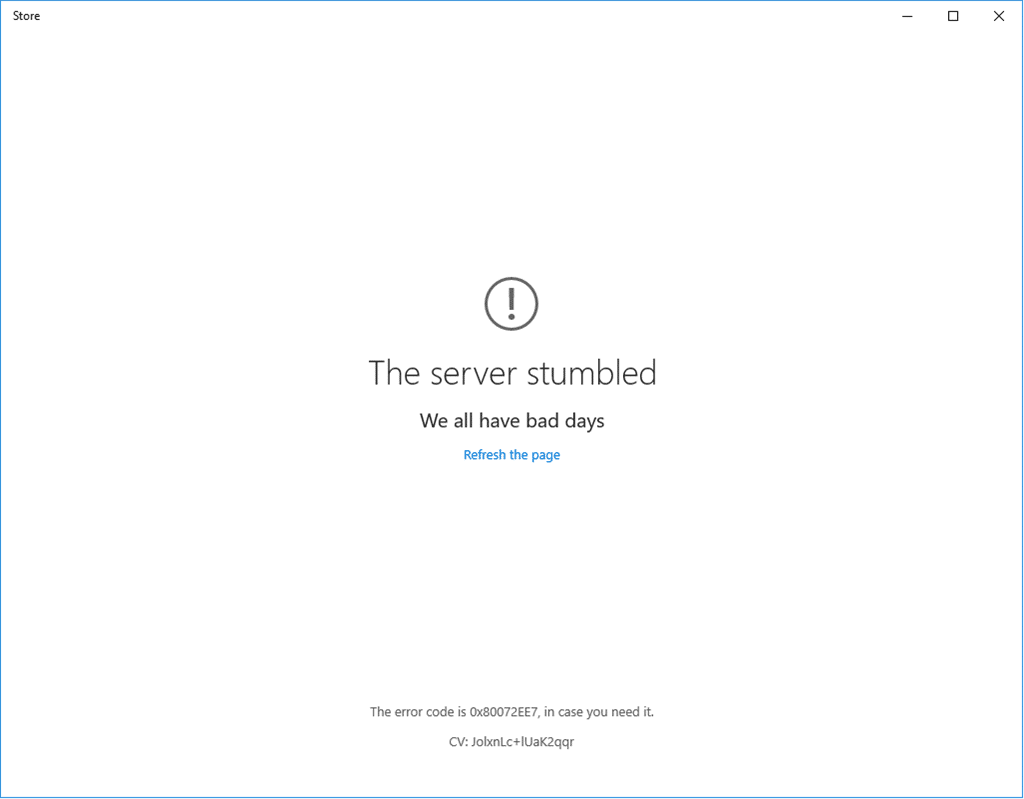 windows store: the server stumbled