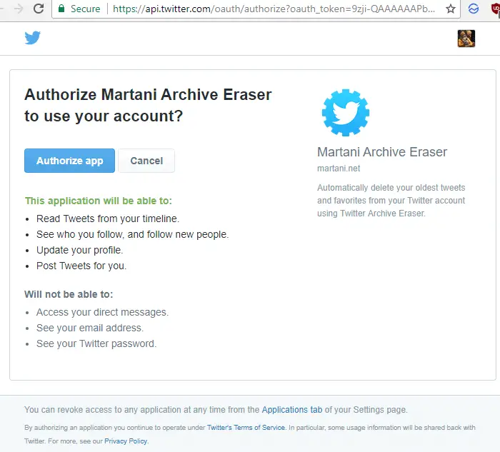 twitter app authorization window