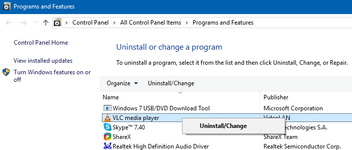 uninstall a program via control panel