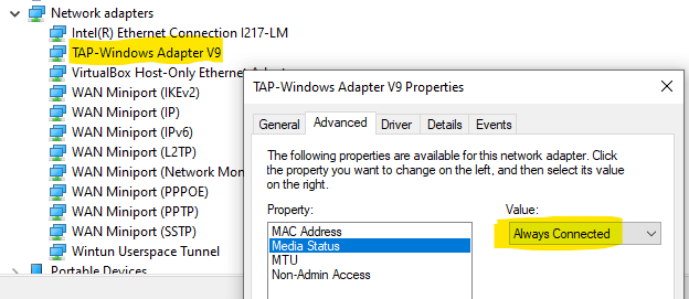 TAP VPN "always connected