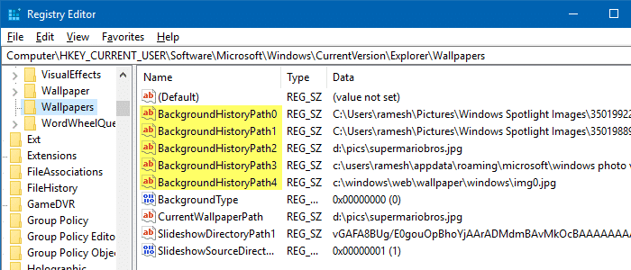 clear desktop wallpaper history using registry editor