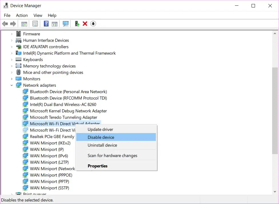 microsoft wi-fi direct adapter disable disconnection