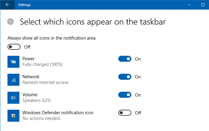 turn system icons on or off power battery icon