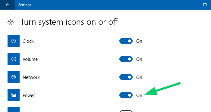 turn system icons on or off power battery icon