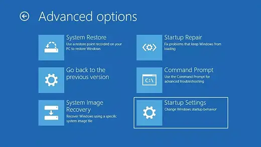 windows RE startup settings